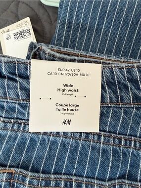 H&M Striped High-Waist Wide-Leg Denim Jeans - Blue & White